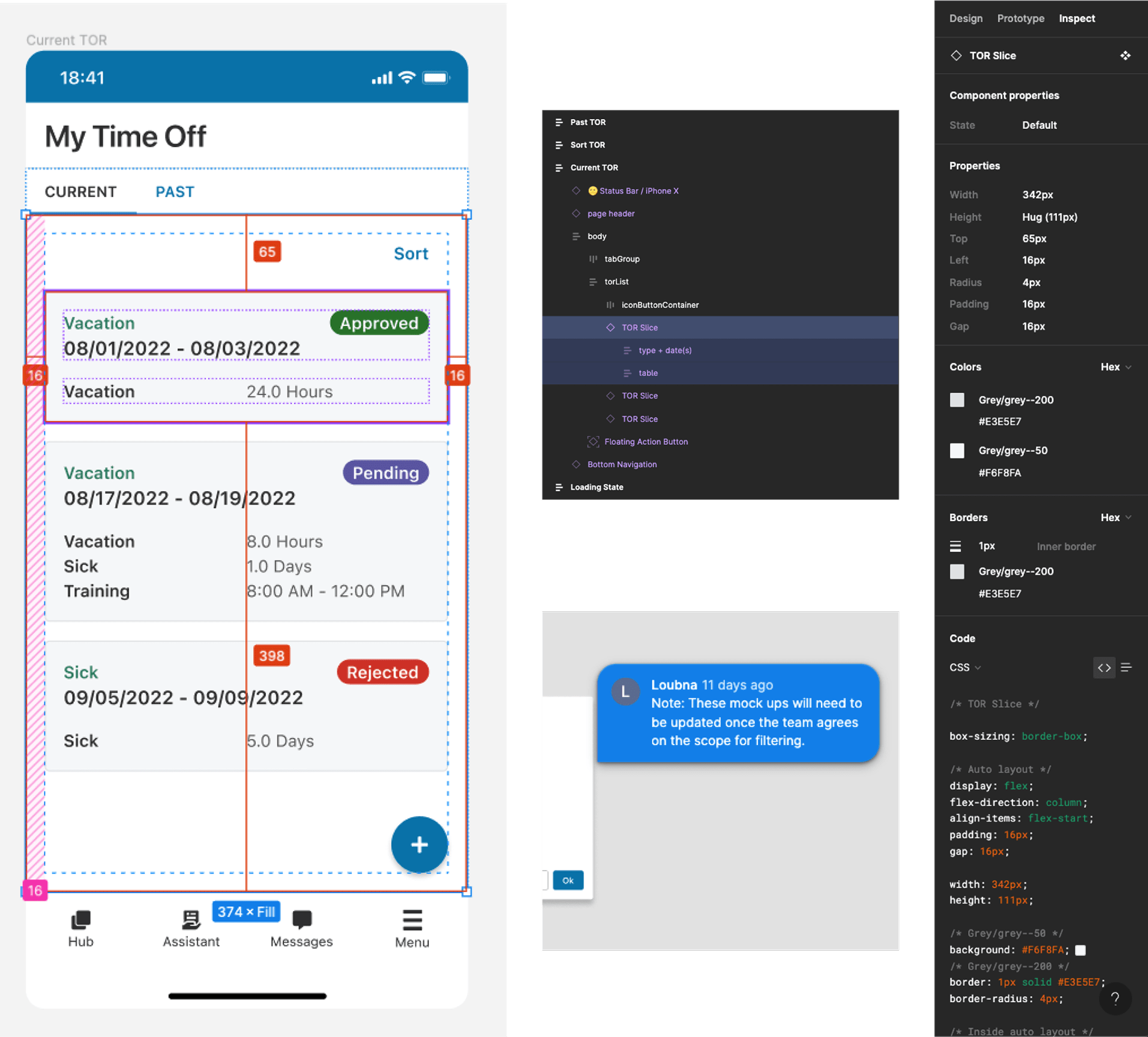 Figma Inspect specs, redlines, and implementation notes used during developer handoff