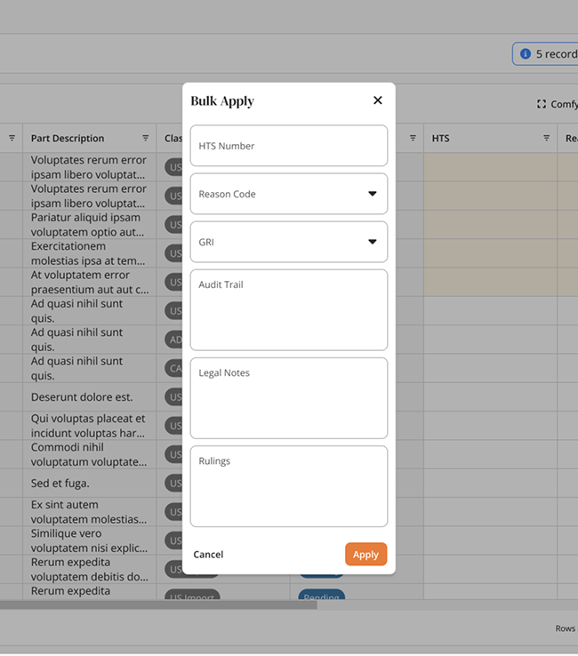 Bulk apply dialog showing multiple parts classified together