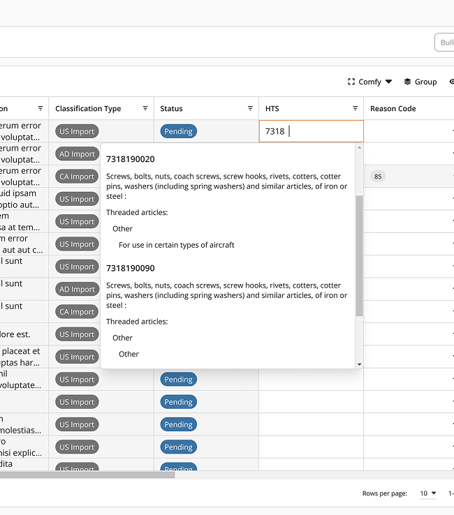 Typeahead and inline reference showing US HTS codes and notes