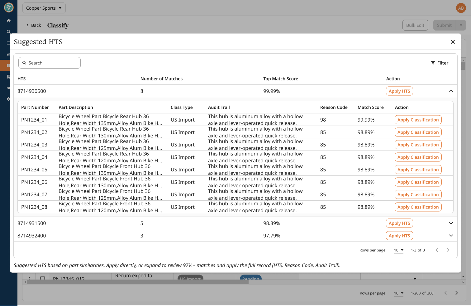 Insights panel proposing suggested HTS with confidence and quick accept/reject