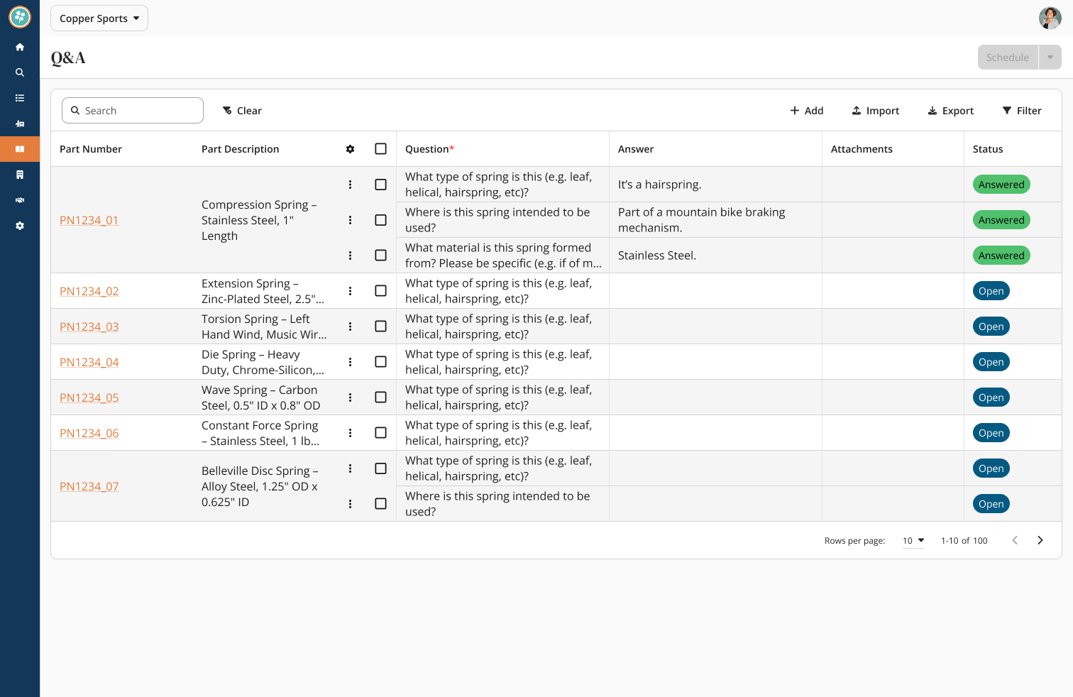 Dedicated Q&A screen showing list of questions, statuses, and assignments