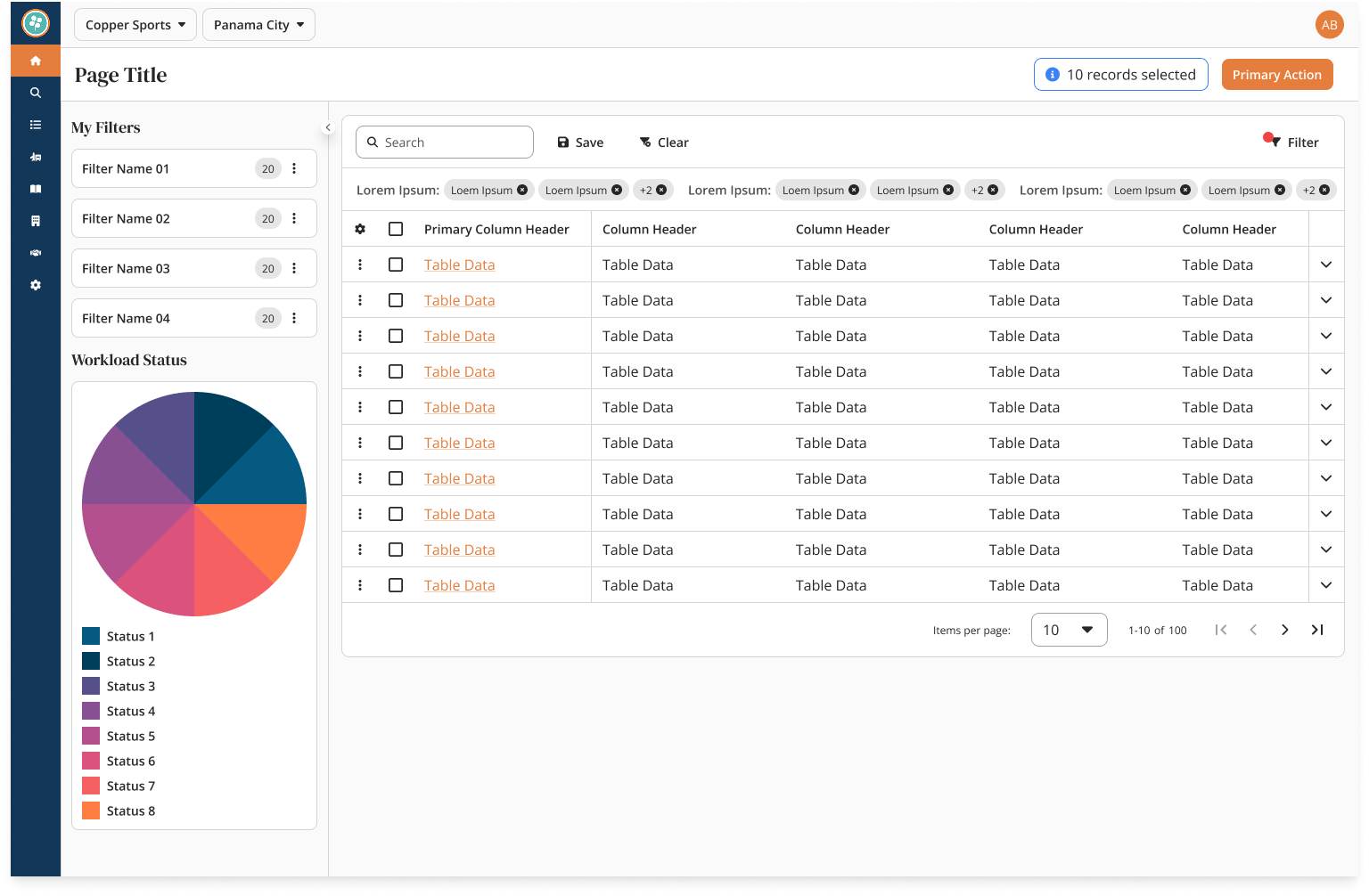 Workload screen template built from reusable components