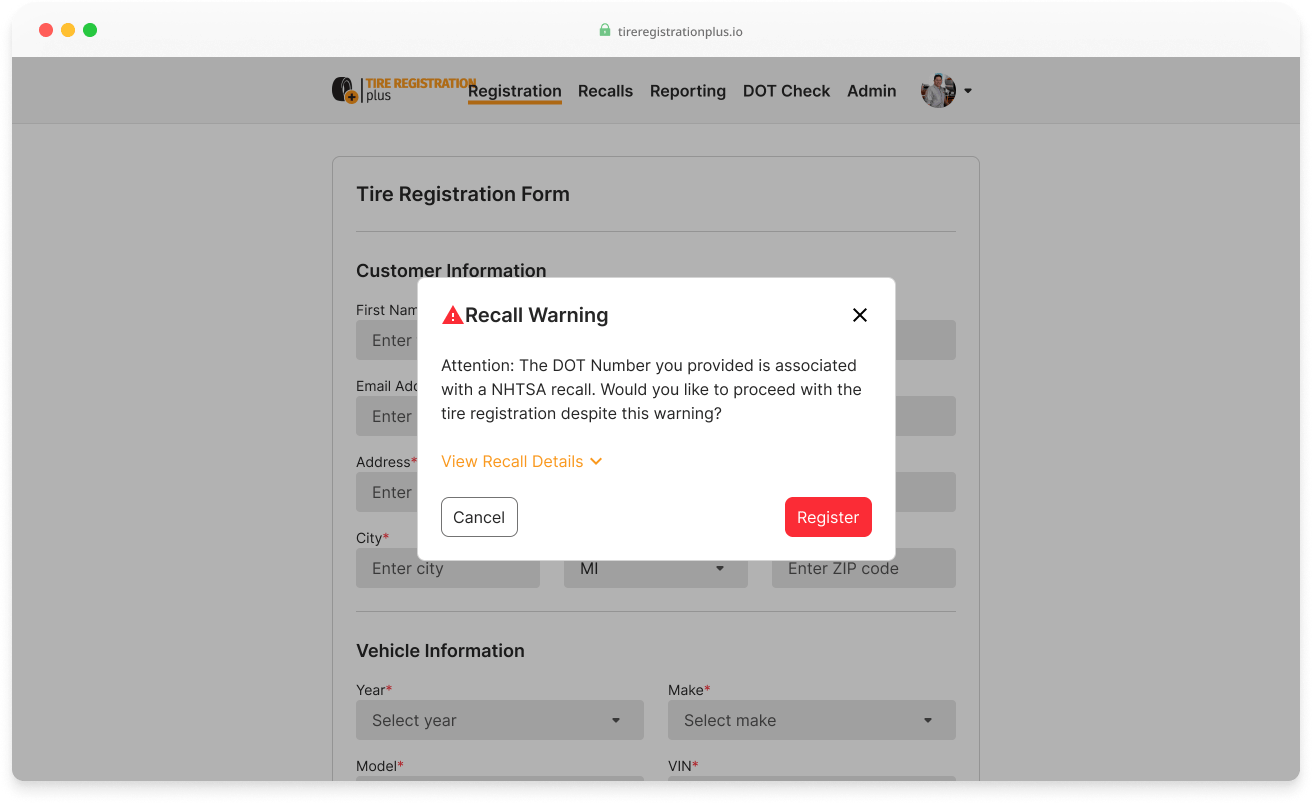 All-brand registration — tire details