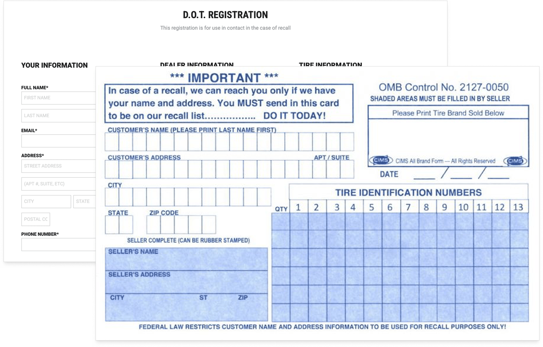 Legacy tire registration: postcard and manufacturer website