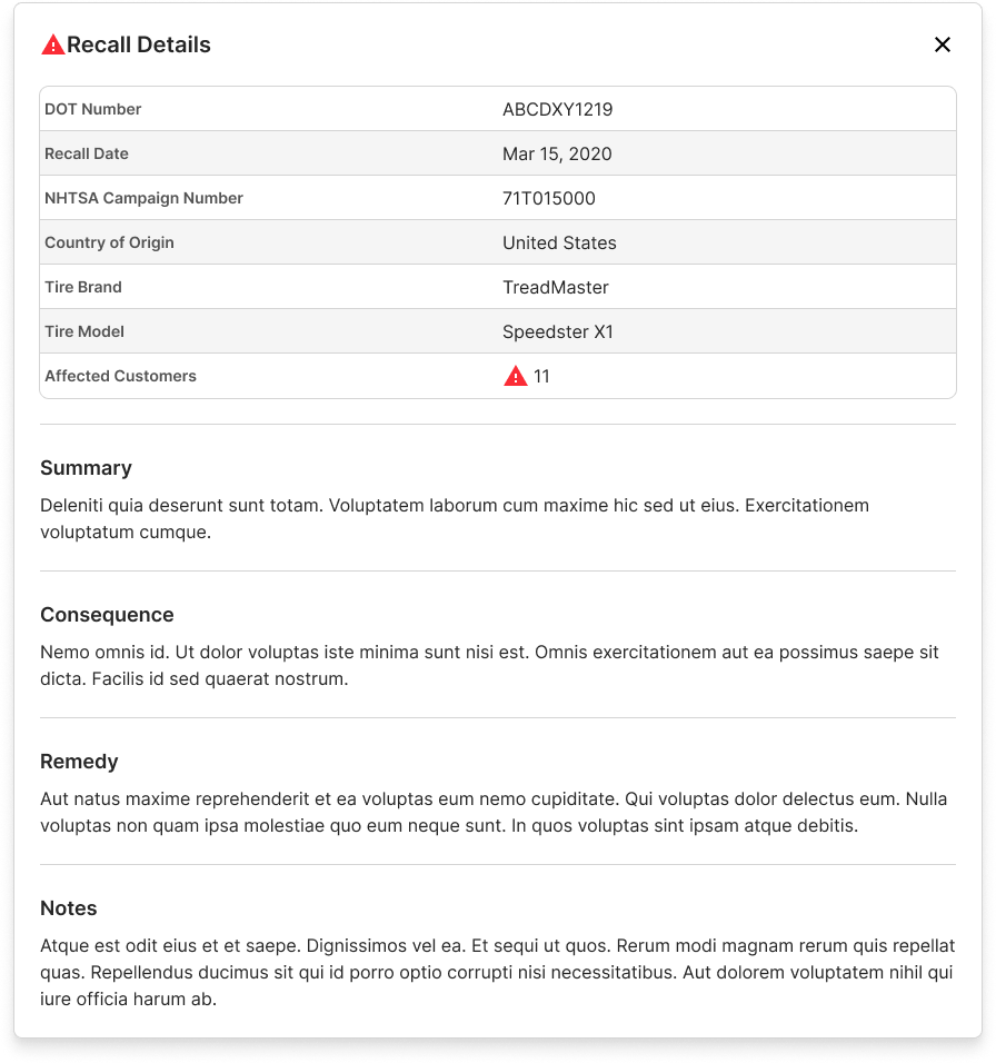 Recall alert and outreach tools in TRP