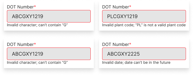 Inline DOT/TIN validation UI with hints